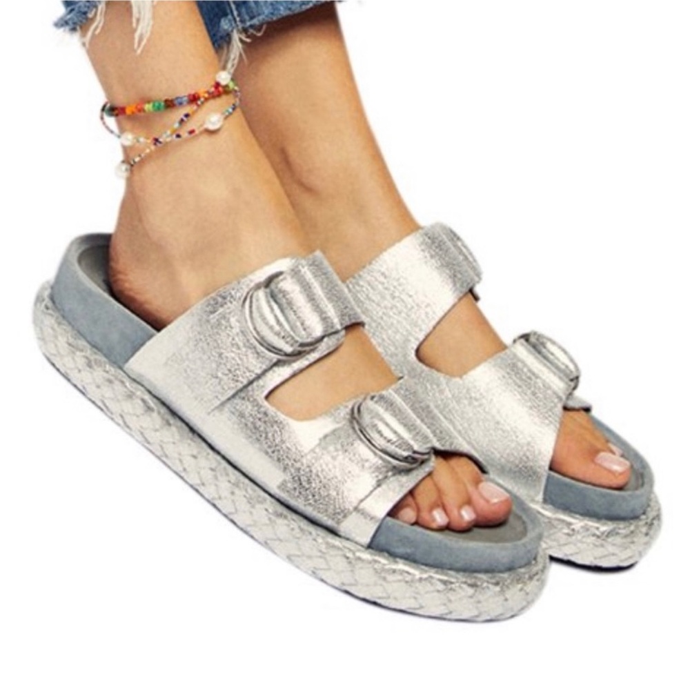 FREE PEOPLE Silver Panama Leather Platform Edgy Boho Chic Sandal 38 (8)